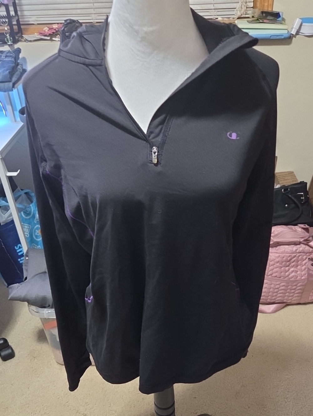 Champion Women's Black Quarter-Zip Hooded Pullover with Purple Accent